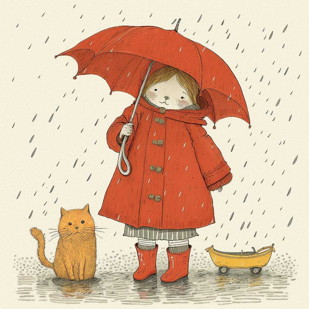 Sophie Blackall illustration of child in red raincoat with umbrella, cat beside, rain falling, Midjourney prompt engineering, preschool storytelling.