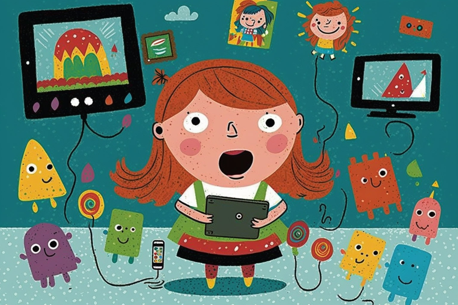 Child interacting with technology, surrounded by colorful characters, showcasing Midjourney prompt engineering for preschool education and creativity.