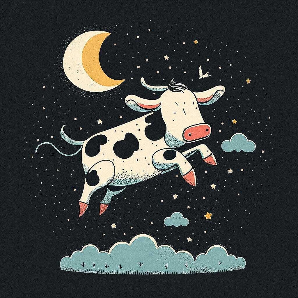 Cow jumping over moon illustration, Midjourney prompt engineering, preschool storytelling, character design, educational art styles.