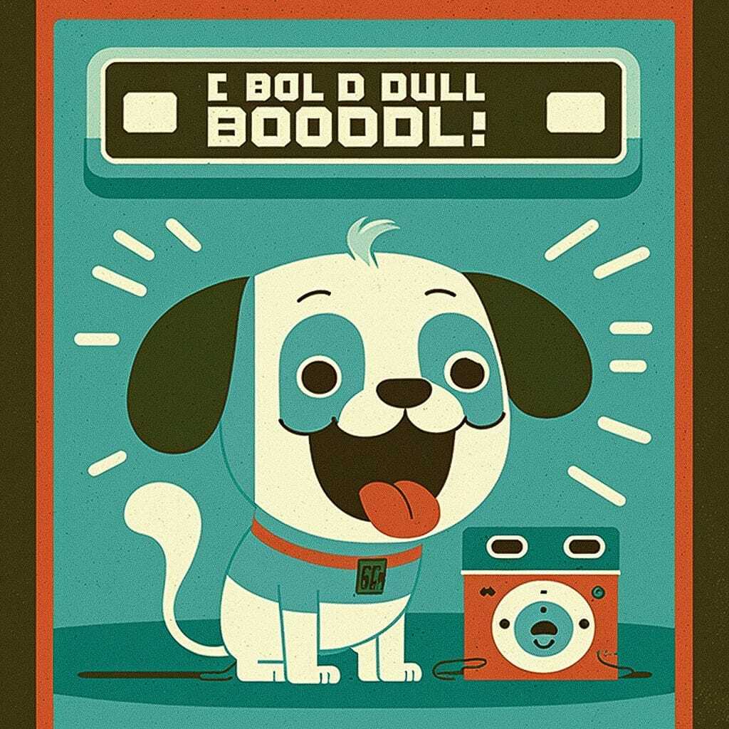 Illustration of a happy dog with a camera, showcasing Midjourney prompt engineering for preschool storytelling and character design.