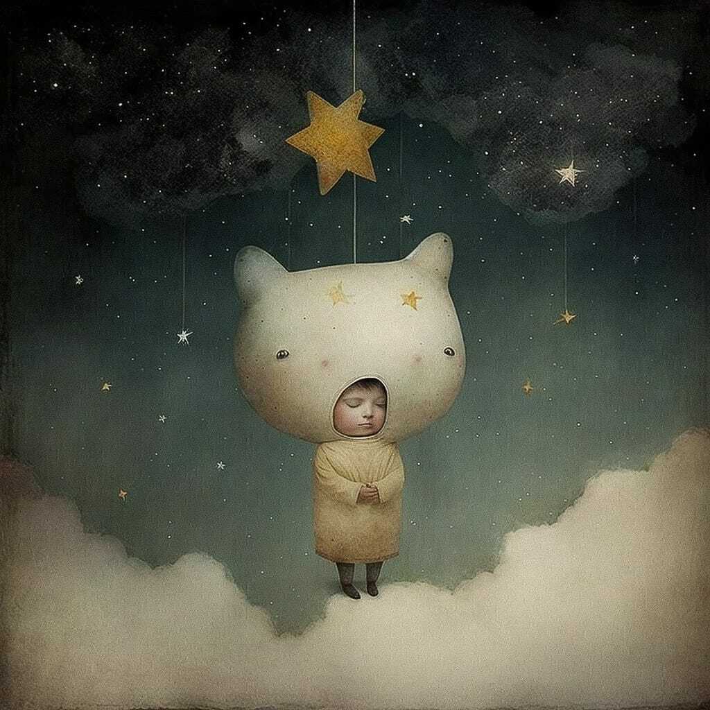 Midjourney prompt illustration of child with star headpiece, clouds, night sky, inspired by nursery rhyme themes, version 4.