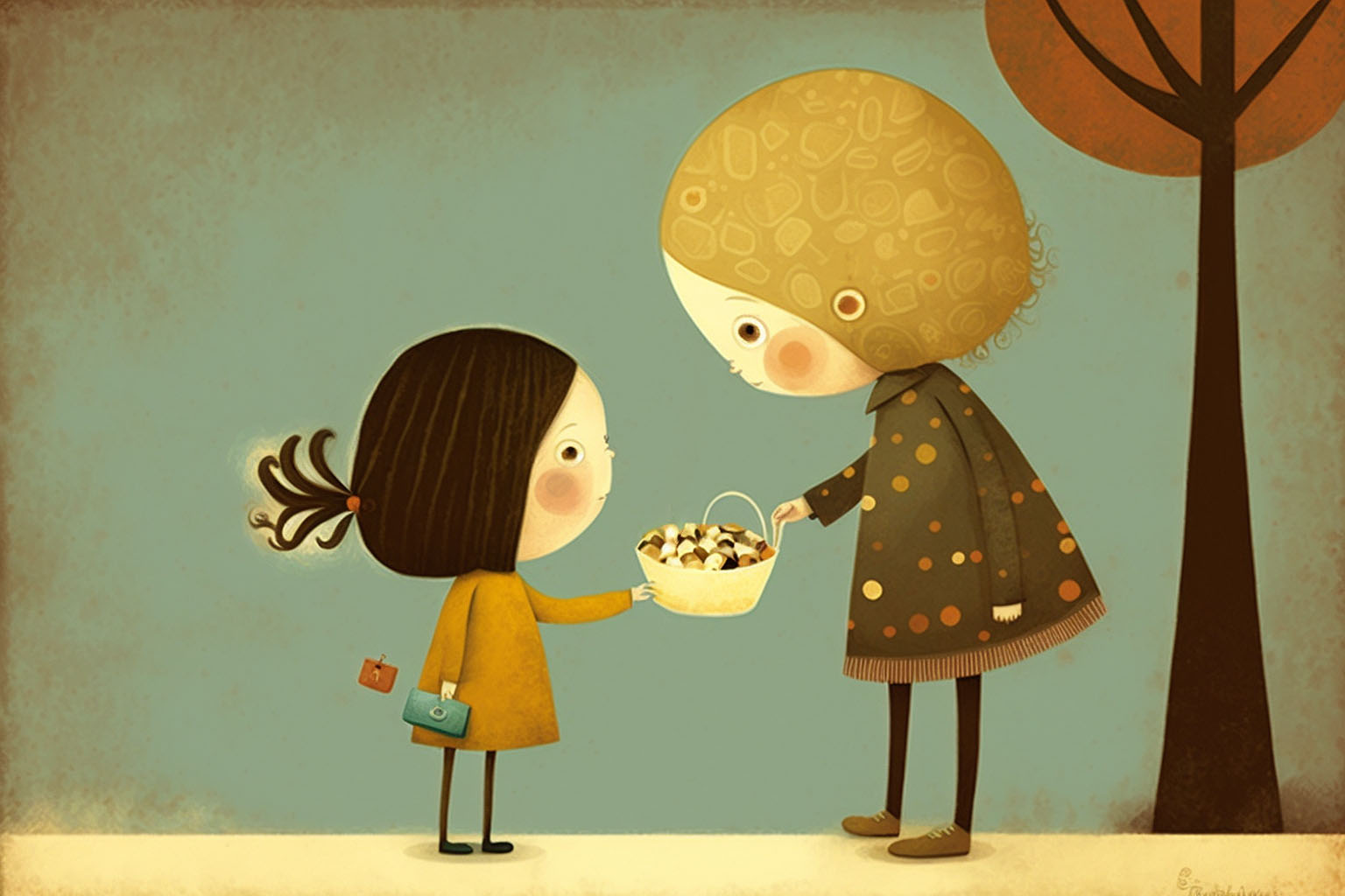 Midjourney prompt illustrating children sharing candies, emphasizing storytelling and character design for preschool education.