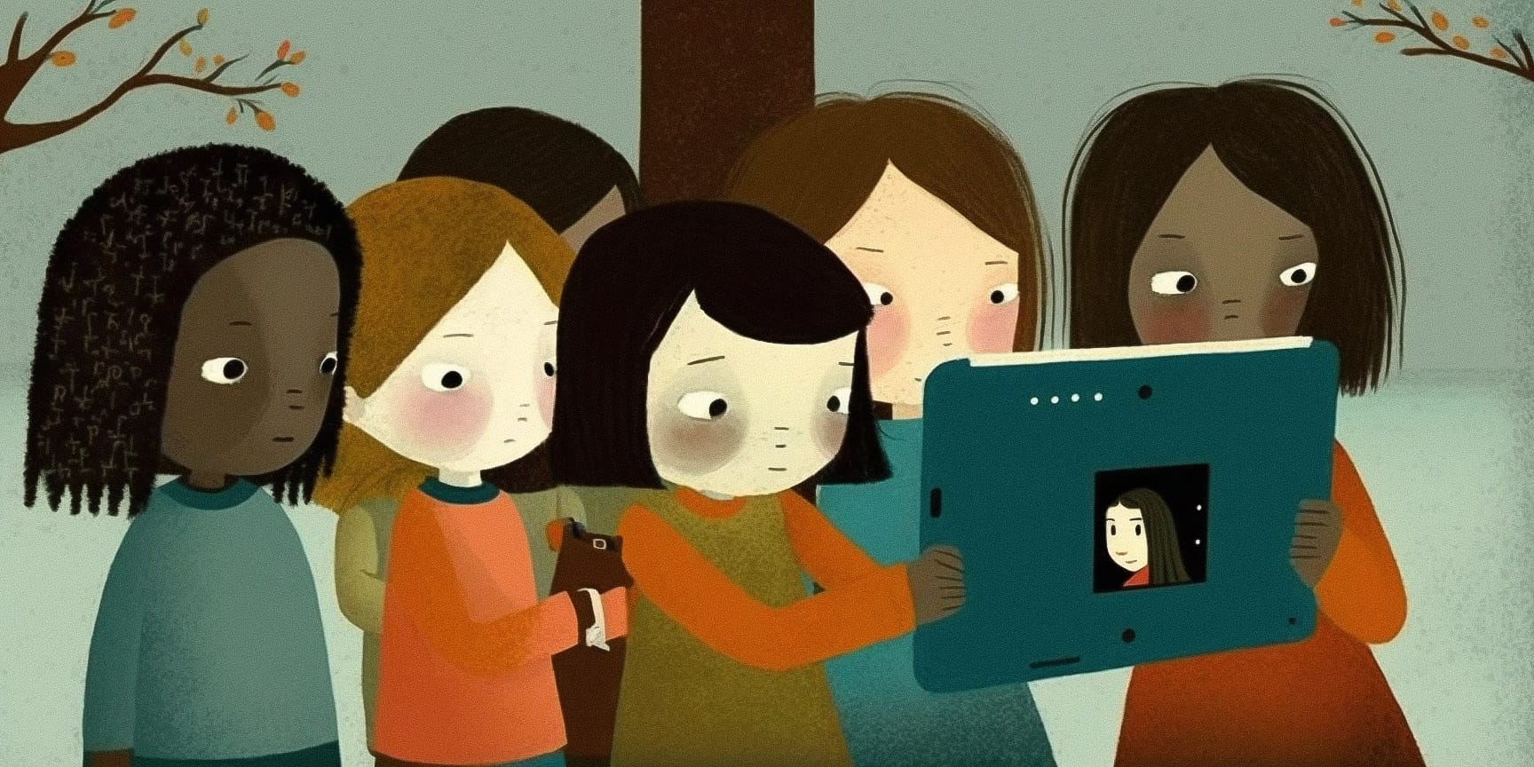 Illustration of preschoolers engaging with Midjourney AI text-to-image prompt on a tablet, exploring creativity and storytelling.