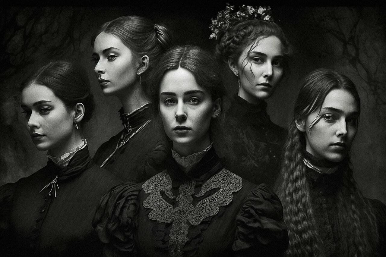Midjourney prompt for black and white group portrait, Victorian fashion, artistic re-imagination, image analysis, version 4 techniques.