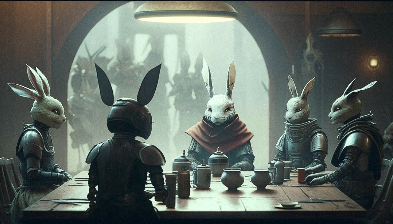 Midjourney prompt depicting anthropomorphic rabbits in sci-fi tea ceremony, inspired by Jean Tabaud, showcasing epic fantastic realism.