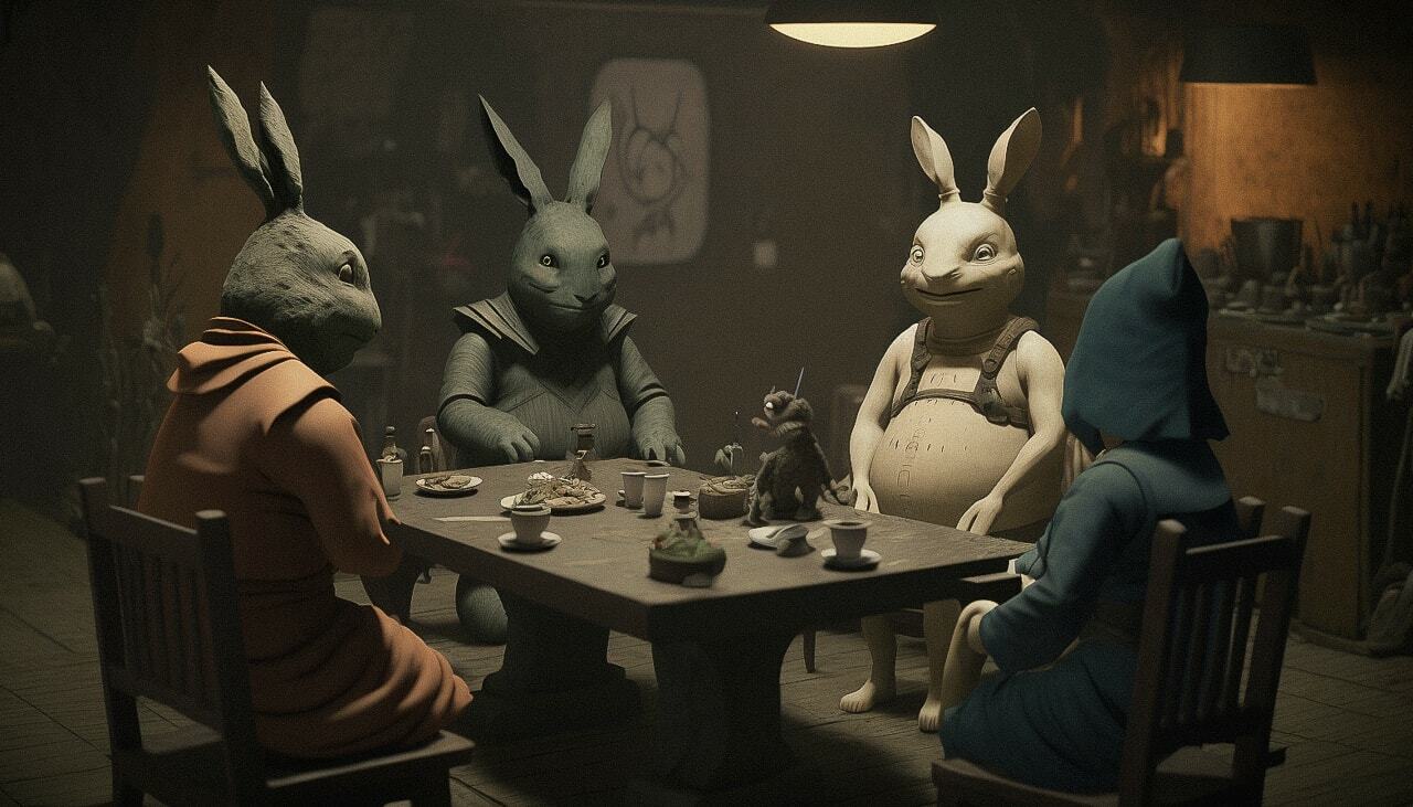 Midjourney prompt featuring anthropomorphic rabbits at tea ceremony, dark sci-fi setting, inspired by Jean Tabaud, high-quality anime style.