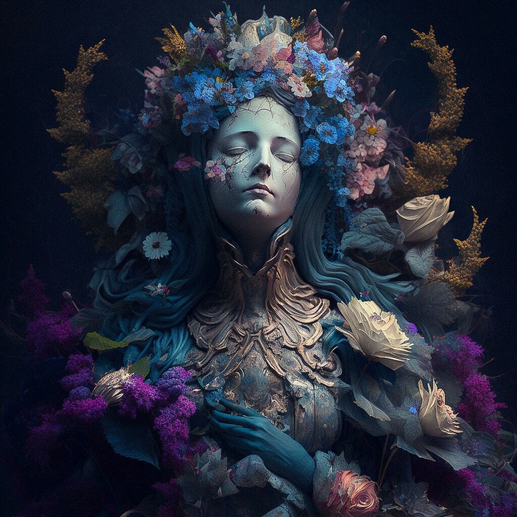 Digital art statue of woman with flowers, inspired by James Christensen, using Midjourney prompt techniques for artistic re-imagination.