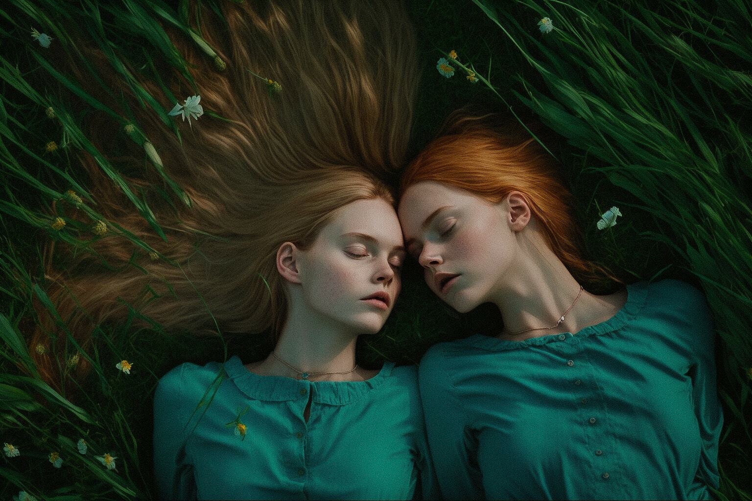 Midjourney prompt engineering for artistic re-imagination, featuring two girls in lush grass, magic realism, high angle view, version 4.