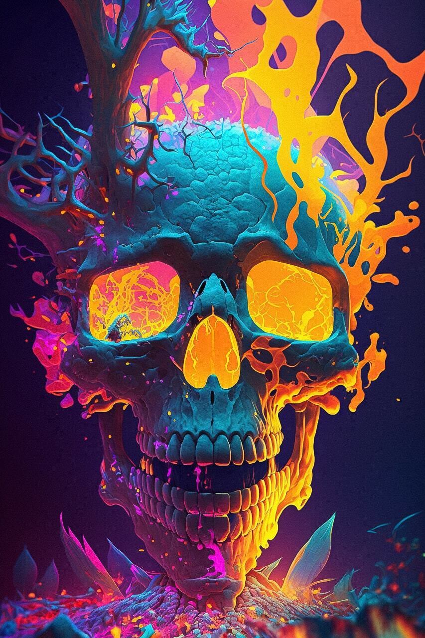 Psychedelic skull art with vibrant colors, Midjourney prompt for creative techniques and visual storytelling, inspired by 70s psychedelic style.