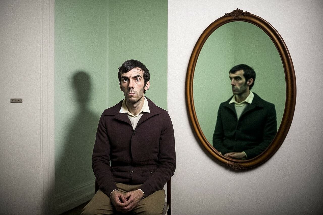 Midjourney prompt for character portrait, conceptual art, mirror reflection, inspired by Nabil Kanso, high-resolution photography, studio lighting.