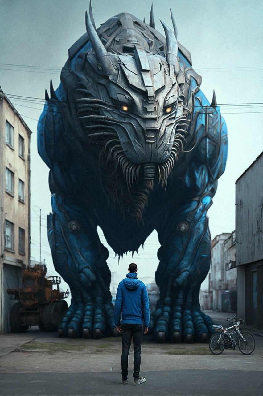 Midjourney prompt for anthropomorphic blue robot cat in urban street art, featuring creative techniques and artistic re-imagination.