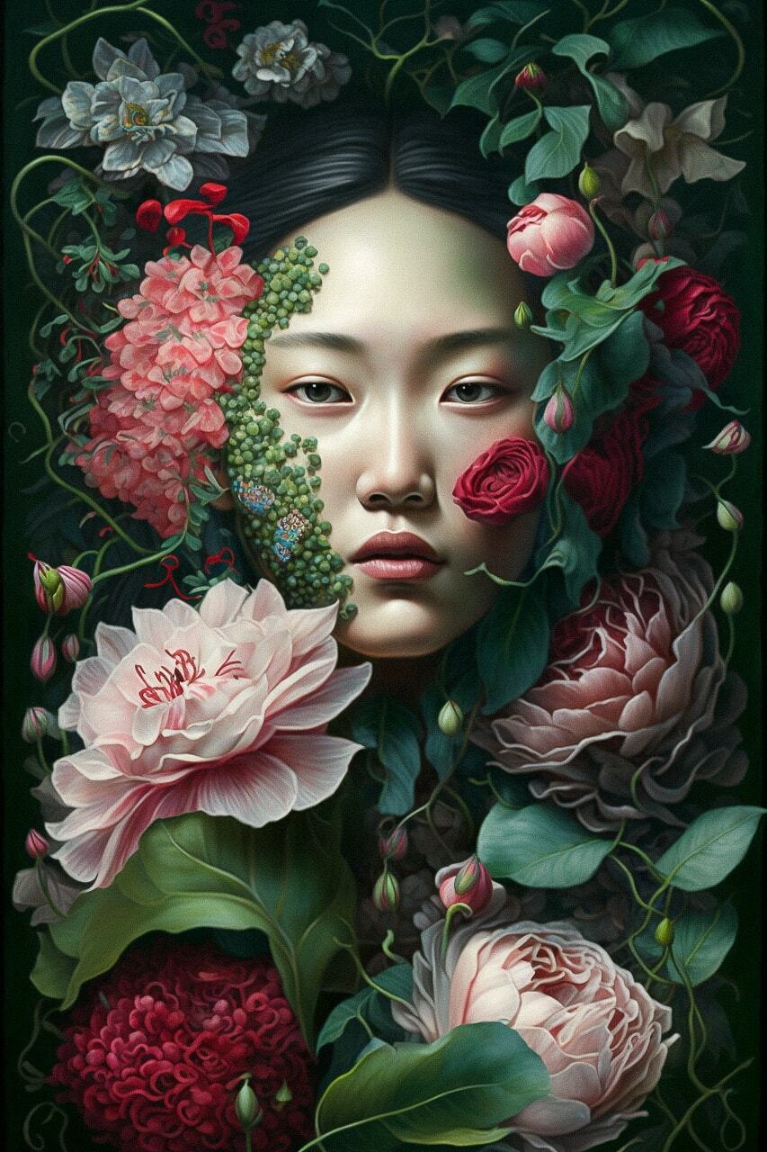 Surrealist painting of woman surrounded by flowers, prompt for Midjourney AI text-to-image generation, featuring detailed face and rich colors.