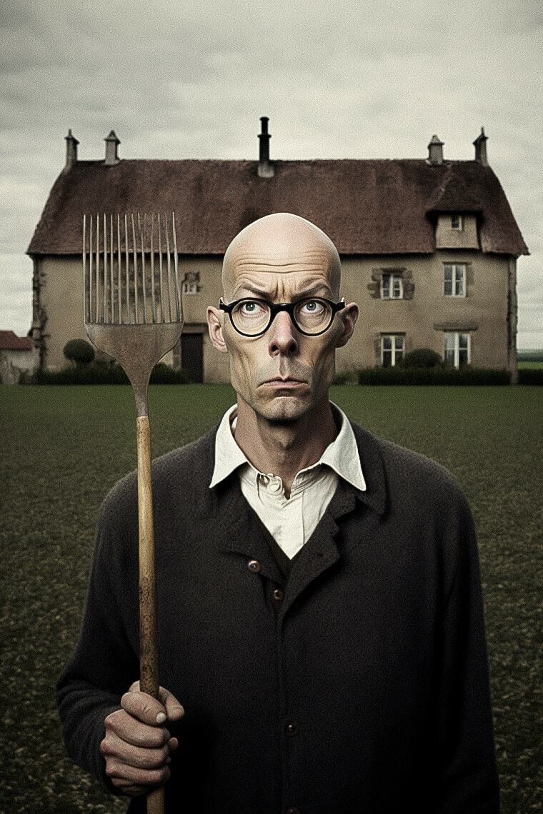 Midjourney prompt engineering for artistic re-imagination, featuring bald man with pitchfork in field, inspired by American Gothic style.