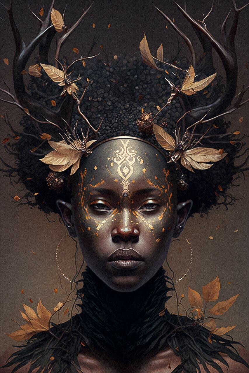 Midjourney prompt for portrait of female humanoid with antlers, inspired by diverse artists, afrofuturist style, high detail, intricate design.