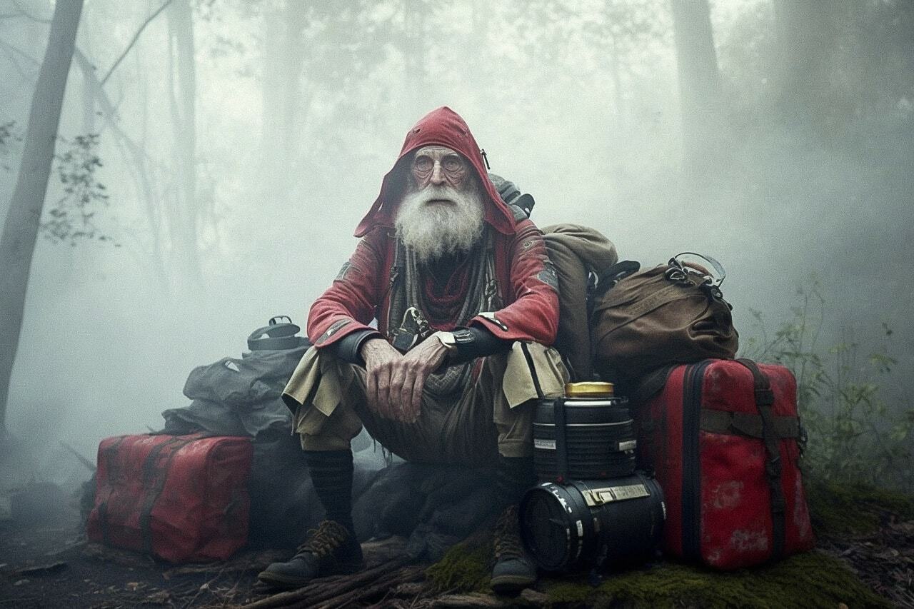 Midjourney prompt engineering for artistic re-imagination, featuring old man in woods with luggage, smoky atmosphere, inspired by Glenn Barr and Yulia Nevskaya.