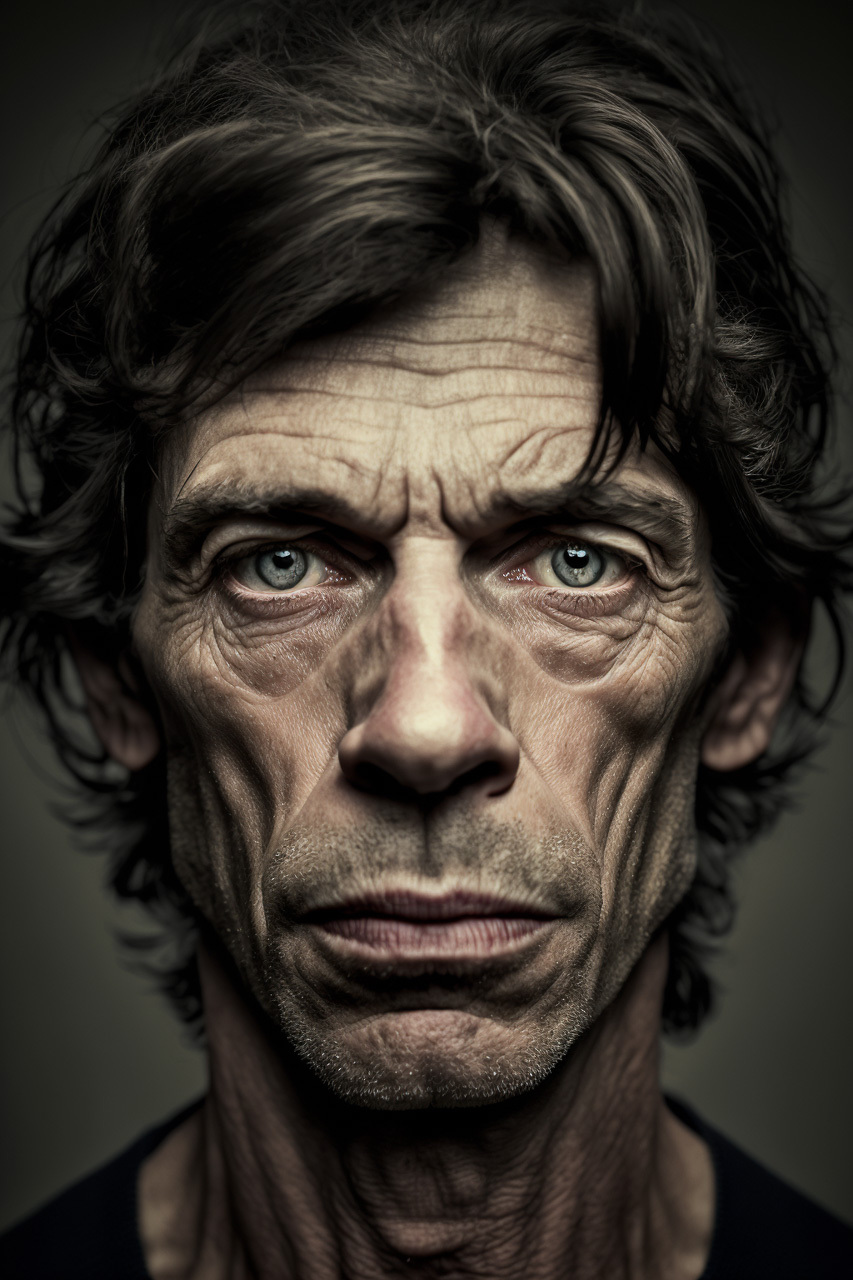 Midjourney prompt for character portrait, serious expression, Jan Tengnagel style, studio medium format, detailed facial features, artistic re-imagination.