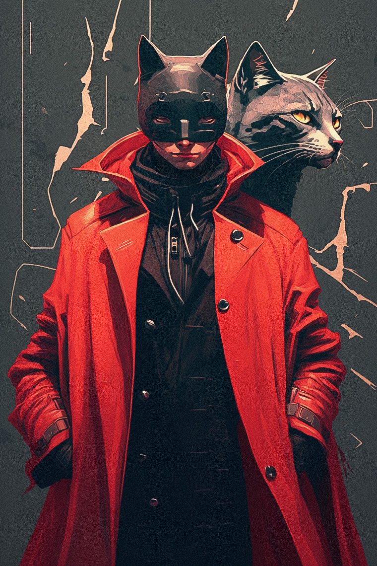 Midjourney prompt for superhero character in red coat with cat mask, digital art by Maciej Kuciara, featuring anthropomorphic cat.