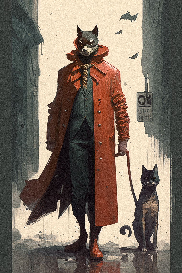 Midjourney prompt for anthropomorphic cat character in red coat, trench coat, eerie atmosphere, artistic re-imagination, version 4.
