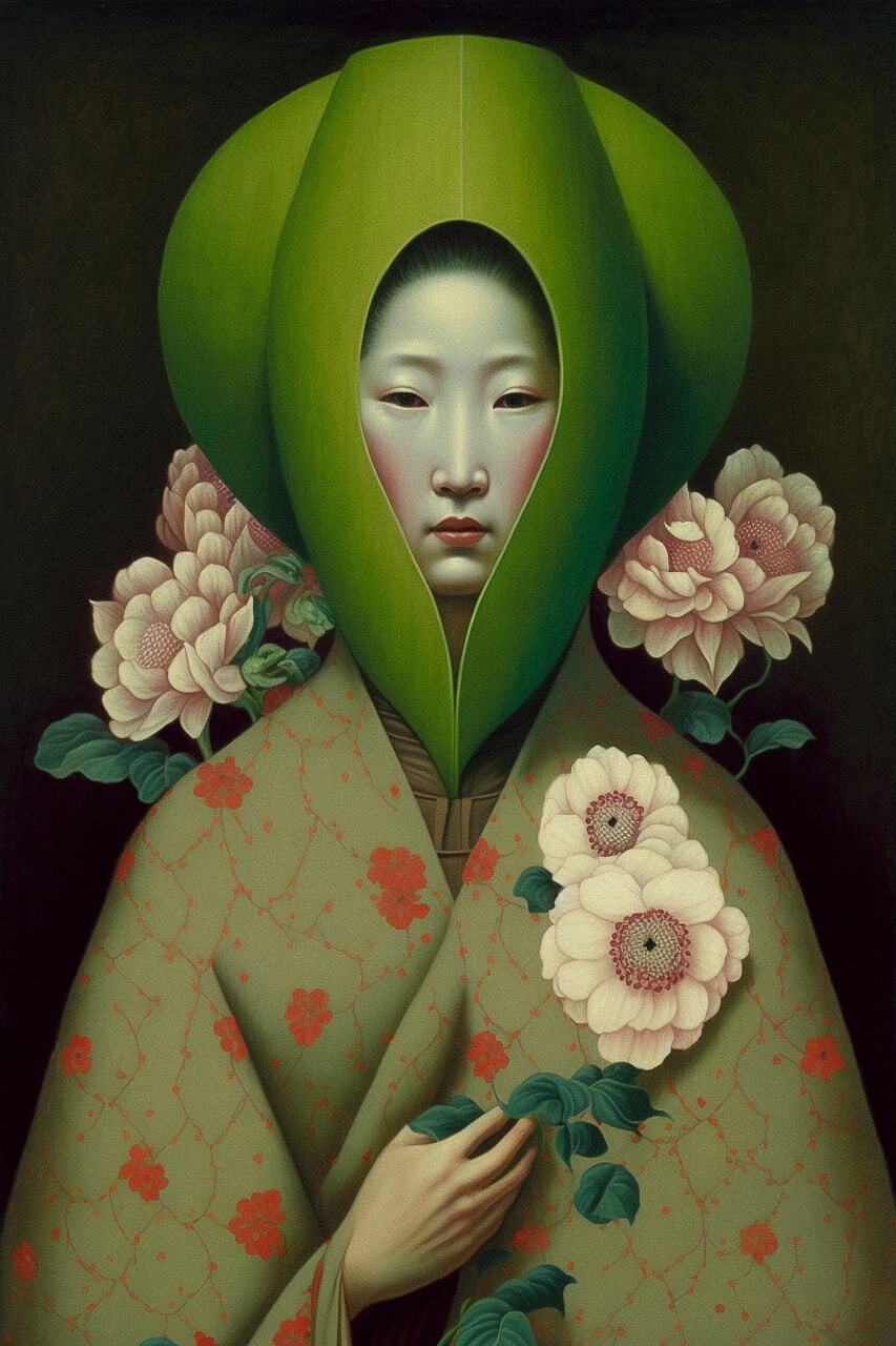 Surrealist painting of woman with floral elements, inspired by Ikuo Hirayama, using Midjourney prompt techniques for artistic re-imagination.