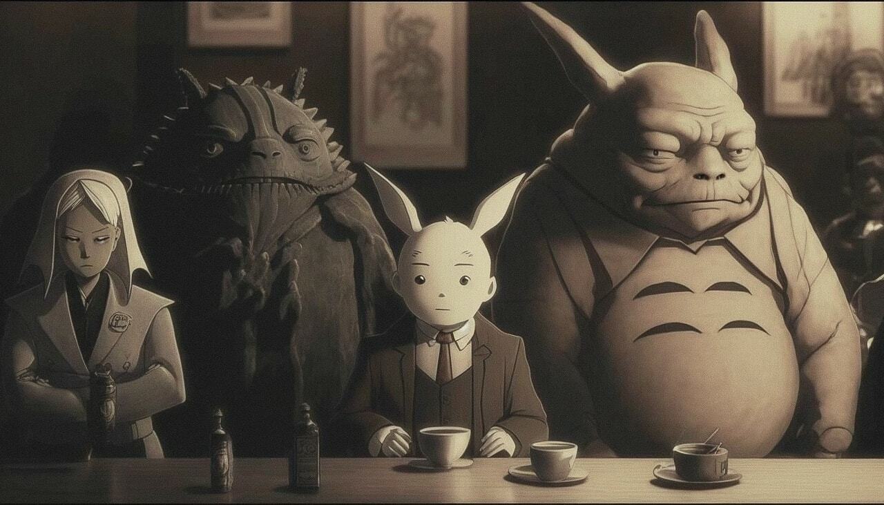 Midjourney prompt featuring anime squad of creatures by Hayao Miyazaki and Josef Sudek --v 4