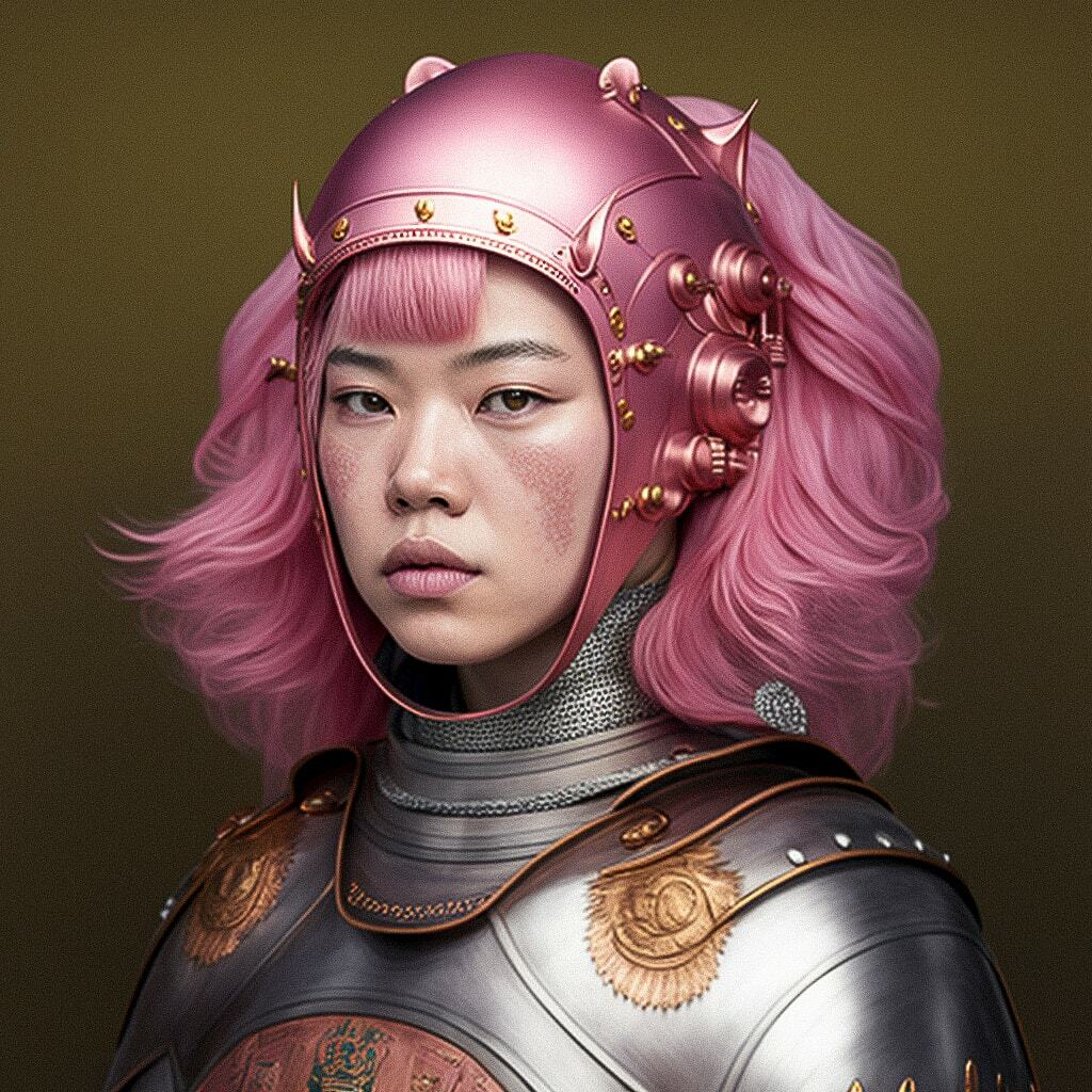 Midjourney prompt for hyperrealistic portrait of warrior in Chinese armor, inspired by Kanō Naizen, featuring pink hair and elaborate costume.