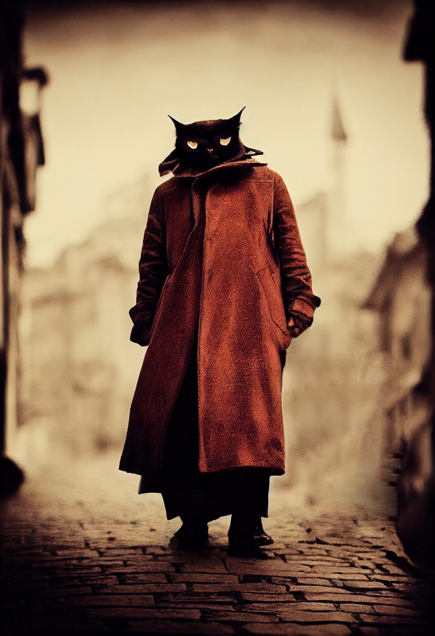 Midjourney prompt for artistic re-imagination: cat wanderer in long coat, Istanbul, by Ando Fuchs, creative techniques, visual storytelling.