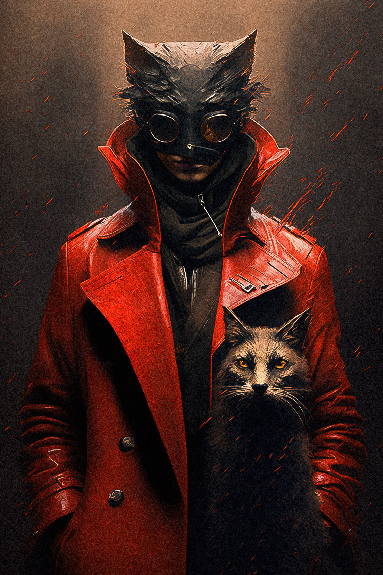 Midjourney prompt for character design featuring person in red coat, black cat mask, cinematic style, digital art by Maciej Kuciara.