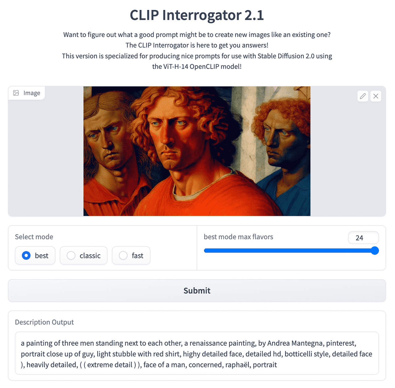 CLIP Interrogator 2.1 interface for generating Midjourney prompts, featuring image analysis and prompt engineering.