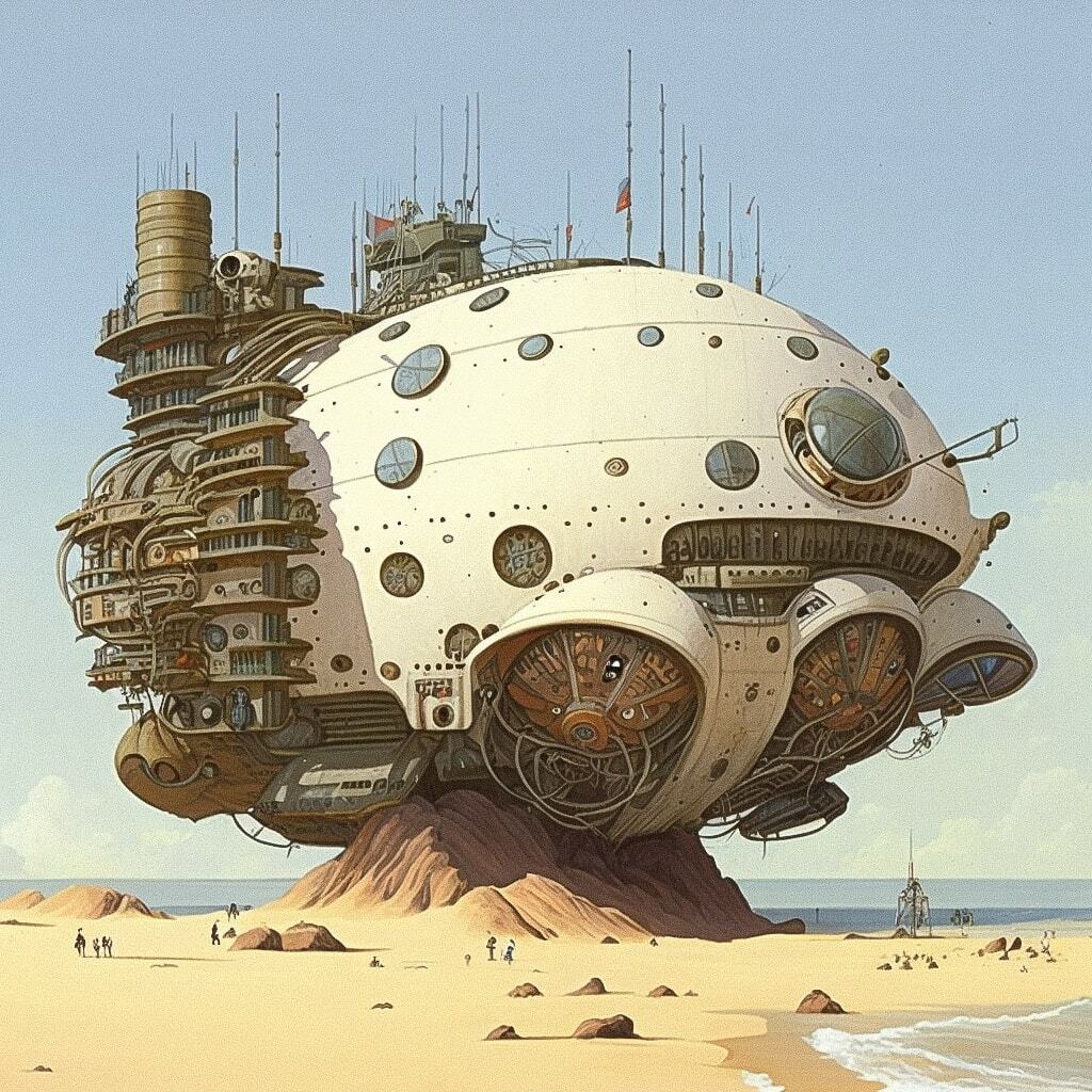Far dieselpunk megastructure by Hayao Miyazaki, Midjourney prompt engineering, version 4, creative techniques, image analysis.