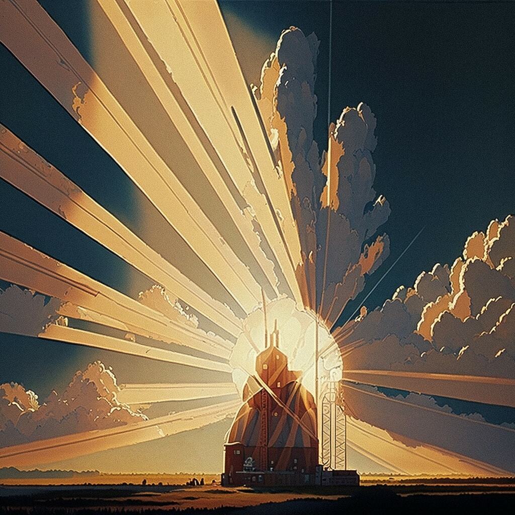 Midjourney prompt for crepuscular rays, inspired by Hayao Miyazaki, showcasing text-to-image generation techniques.