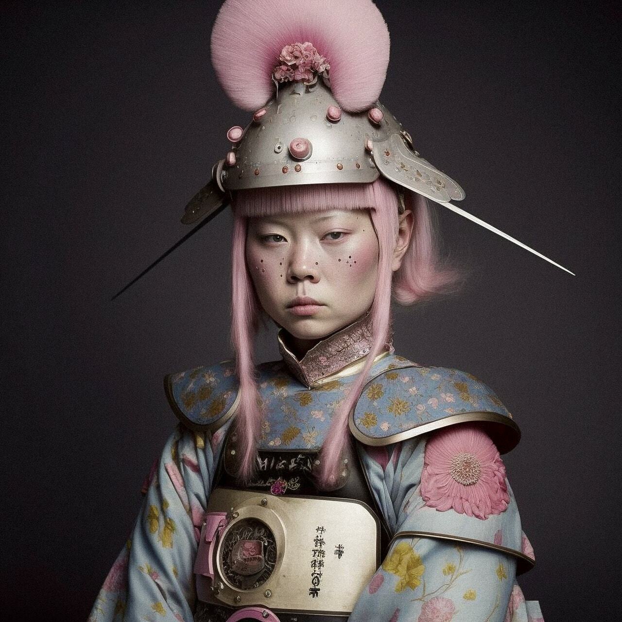 Fairy Kei samurai by Erwin Olaf, Midjourney prompt for artistic re-imagination, version 4, unique character design.