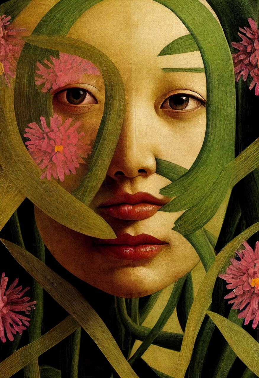 Closeup portrait biopunk Asian female floral cyborg with plants, Midjourney prompt techniques, artistic re-imagination, visual storytelling.