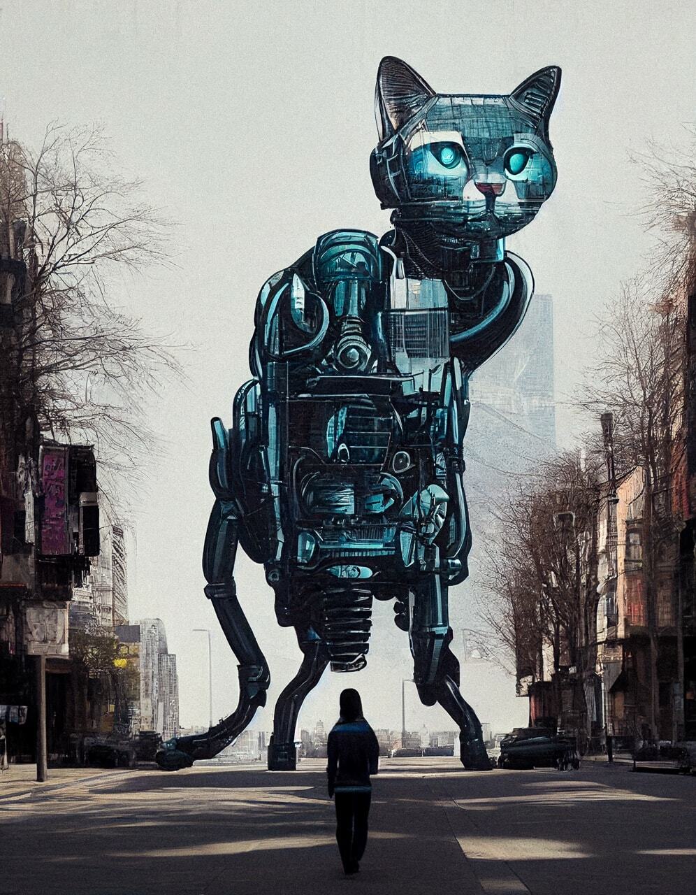 Gigantic robotic biopunk cat walking through city, generated using Midjourney prompt techniques.