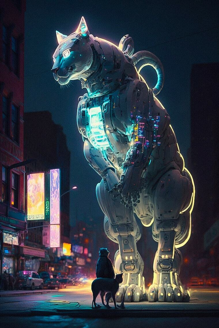 Midjourney prompt showcasing neon-lit street art featuring giant robot cat, blending urban aesthetics with futuristic design elements.