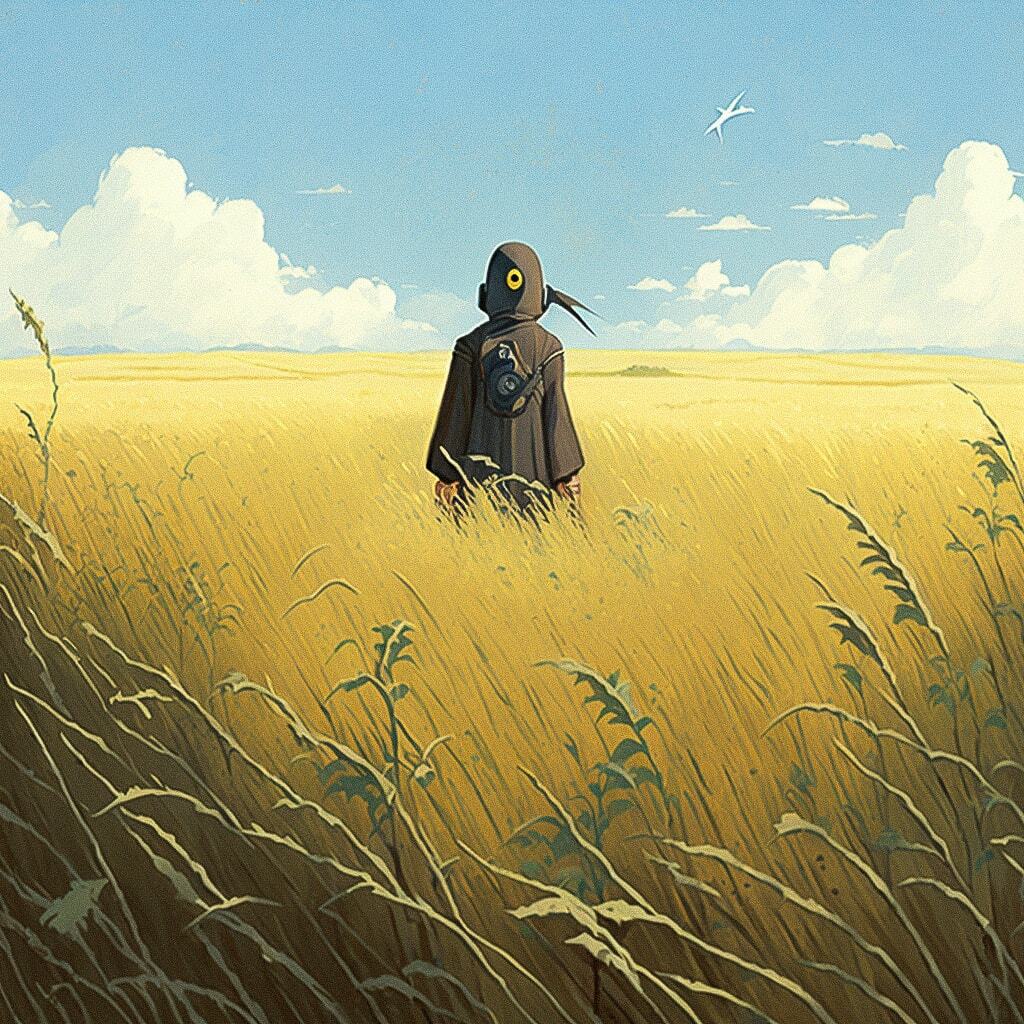lonely hero in field by Hayao Miyazaki, Midjourney prompt engineering, version 4, artistic re-imagination, visual storytelling