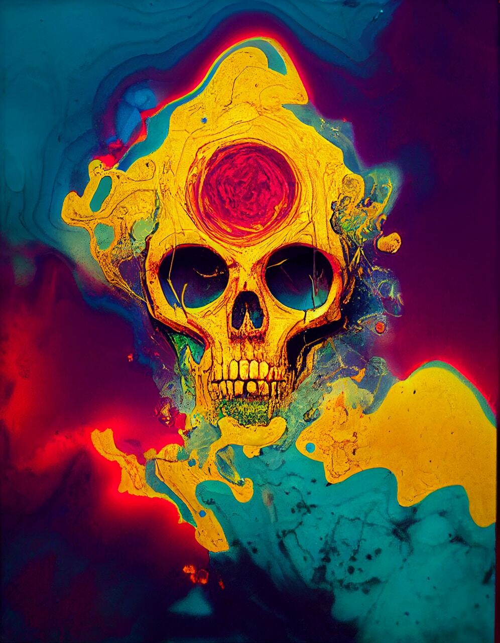 Midjourney prompt for necromonk chemigram featuring acid colors and skull imagery, showcasing text-to-image generation techniques.