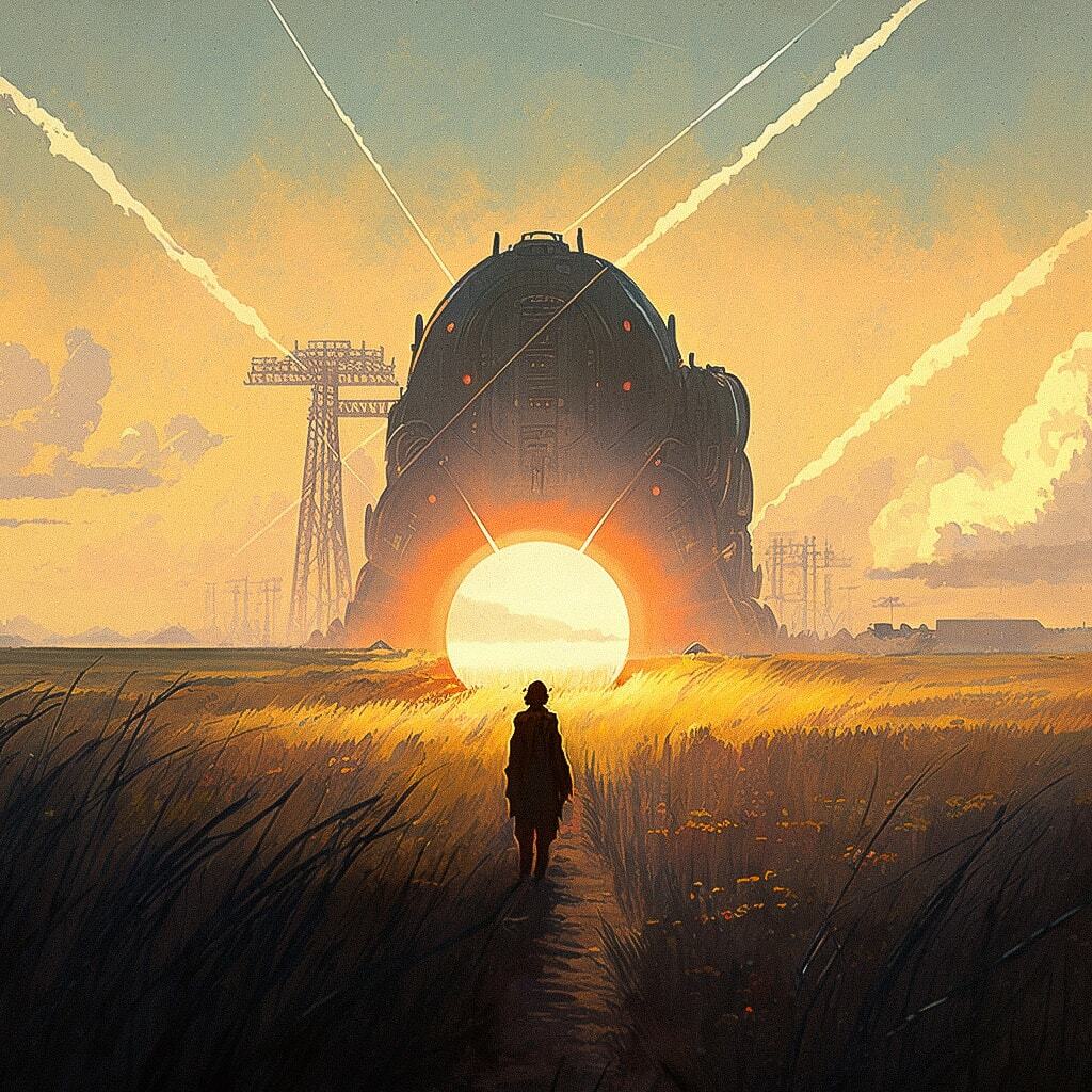 lonely hero in field with dieselpunk megastructure, crepuscular rays, Midjourney prompt engineering, Hayao Miyazaki style