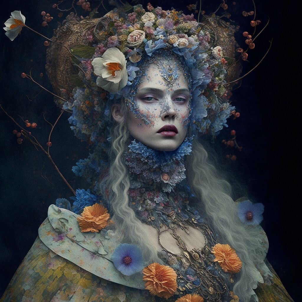 Goddess of Floral Decay by James C. Christensen, prompt for Midjourney AI text-to-image generation, version 4.