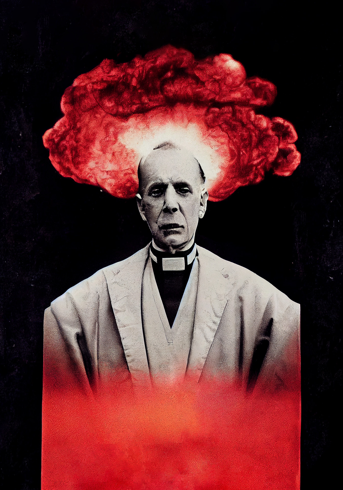 Midjourney prompt for atompunk Archbishop movie poster, hand-colored photographic print, creative techniques, minimalist prompting.