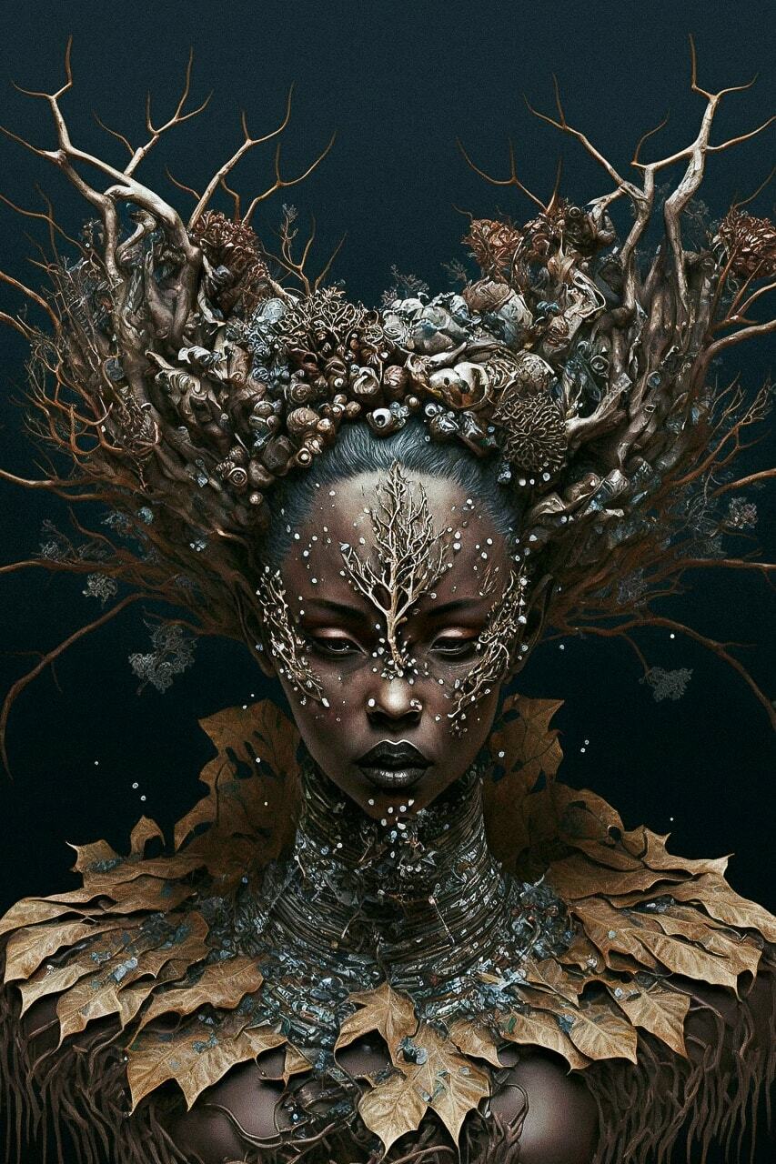 Midjourney prompt for Wangechi Mutu's patron of Northern nature, showcasing intricate natural elements and textures in AI-generated art.