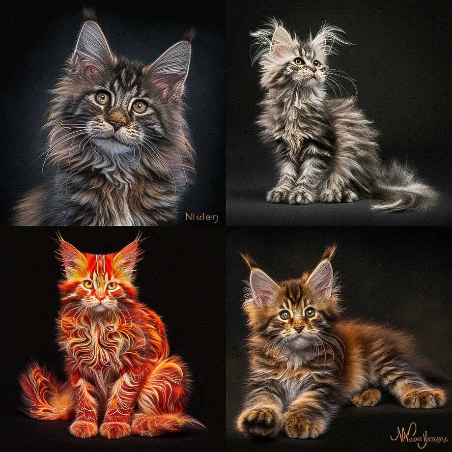 Mainecoon cats generated with Midjourney --chaos 66, showcasing artistic styles and prompt engineering techniques.