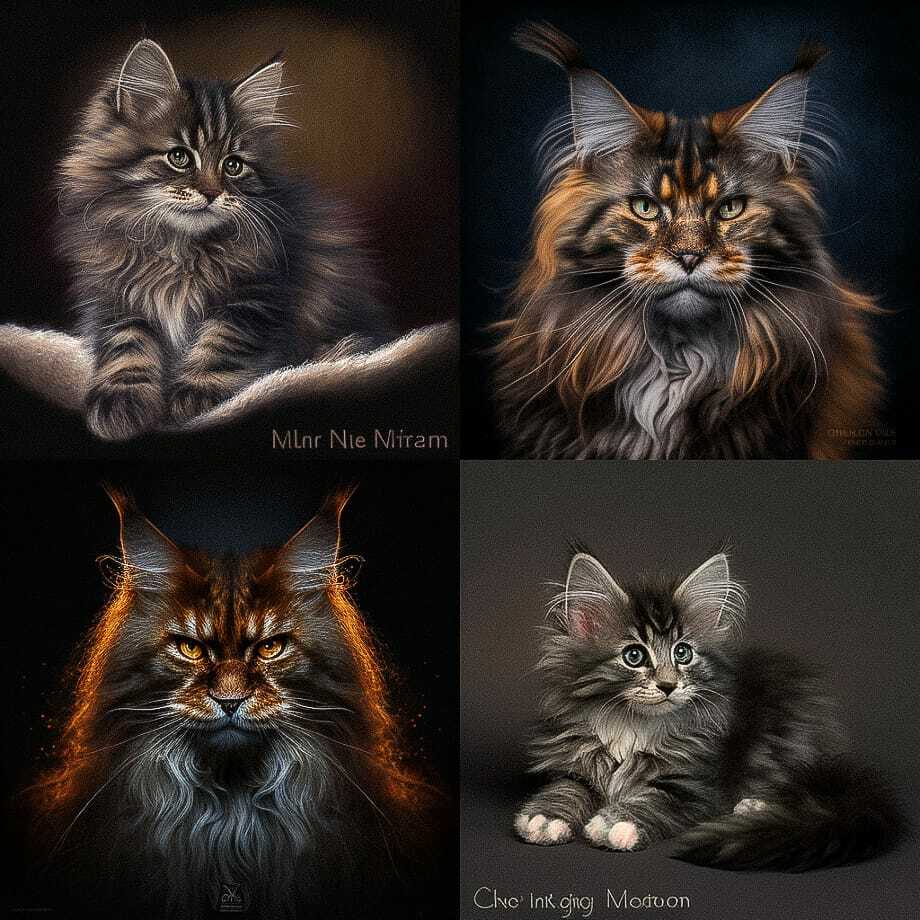 Maine Coon cats illustrated using Midjourney prompt techniques, showcasing --chaos parameter effects on artistic styles.