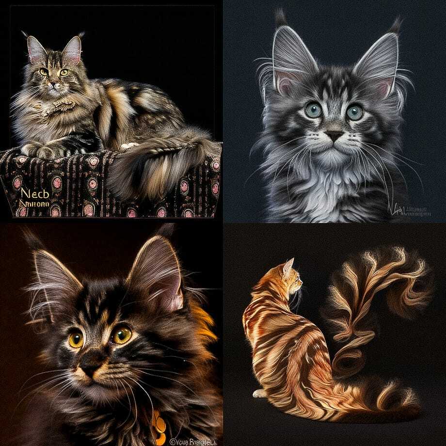 Mainecoon cat art by Neri Oxman using Midjourney --chaos 99 for unique style variability in prompt engineering.
