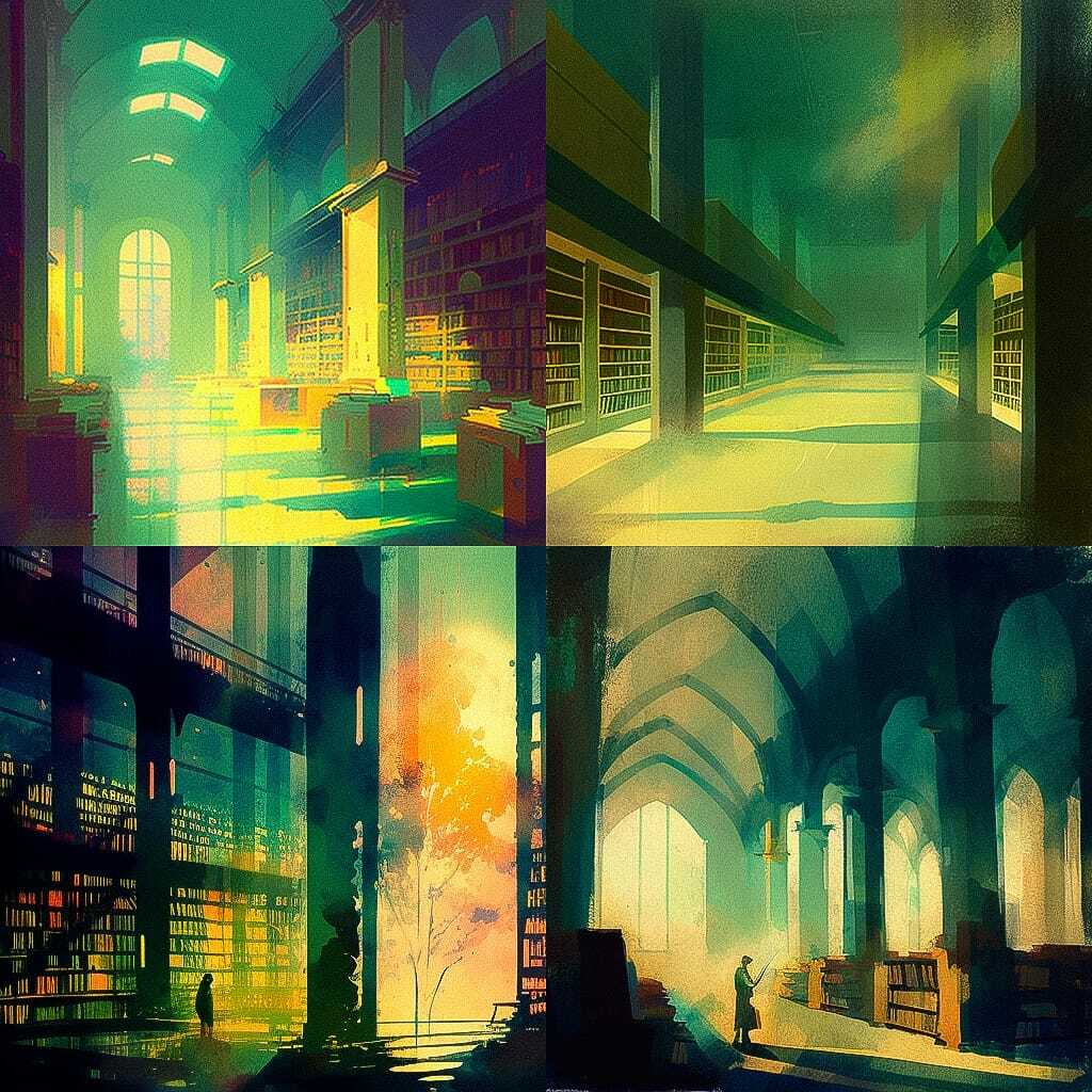 Midjourney prompt showcasing --chaos parameter effects in library scenes, emphasizing artistic styles and variability in image generation.