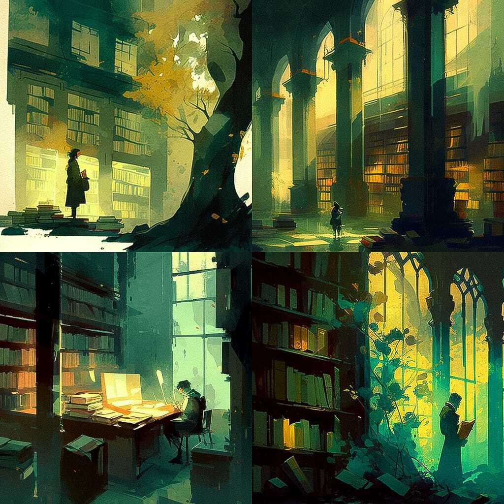 Midjourney prompt showcasing --chaos parameter effects in library scenes, highlighting artistic styles by Tyrus Wong.