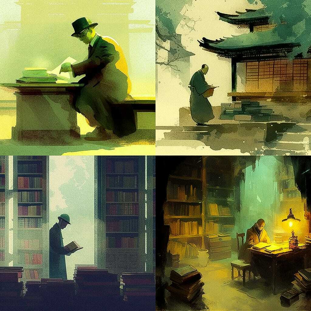 Midjourney prompt showcasing --chaos 99 effects on artistic styles, featuring Tyrus Wong-inspired imagery of reading and libraries.