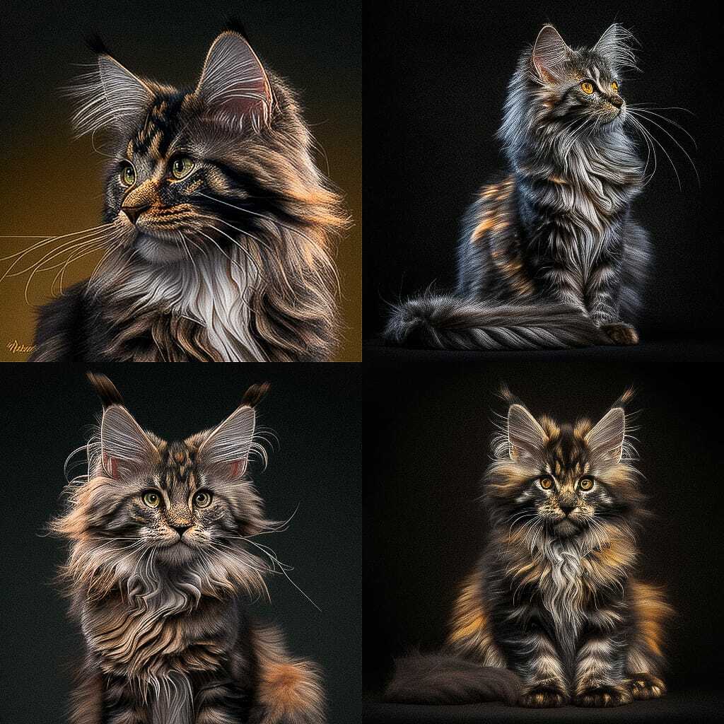 Mainecoon cat generated with Midjourney --chaos 0, showcasing prompt engineering and artistic style influences.