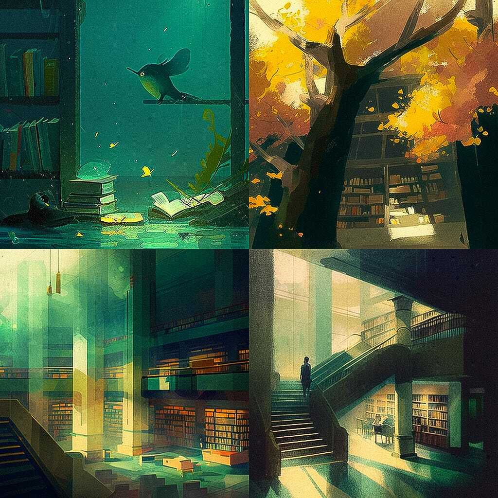 Midjourney prompt showcasing --chaos parameter effects in diverse library scenes, emphasizing artistic styles and variability.