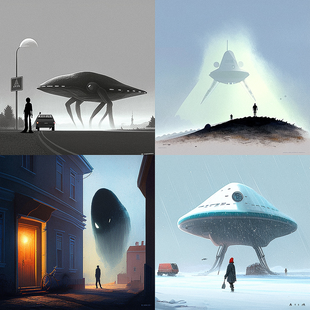 Extraterrestrial encounter by Alex Andreev, Midjourney prompt with --chaos 33, showcasing diverse UFO designs and atmospheric settings.