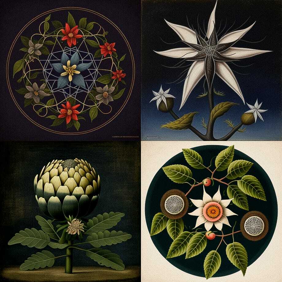 Midjourney prompt engineering showcasing floral designs with --chaos 33, highlighting artistic styles and variability in image generation.